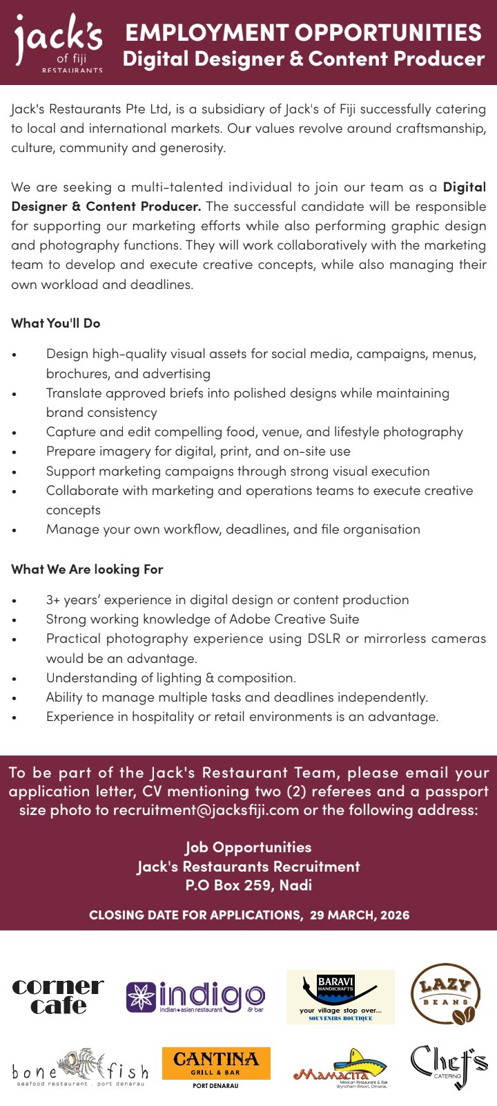 Jack's Group-Restaurant -Digital Designer & Content Producer at Pacific Islands Jobs Banner