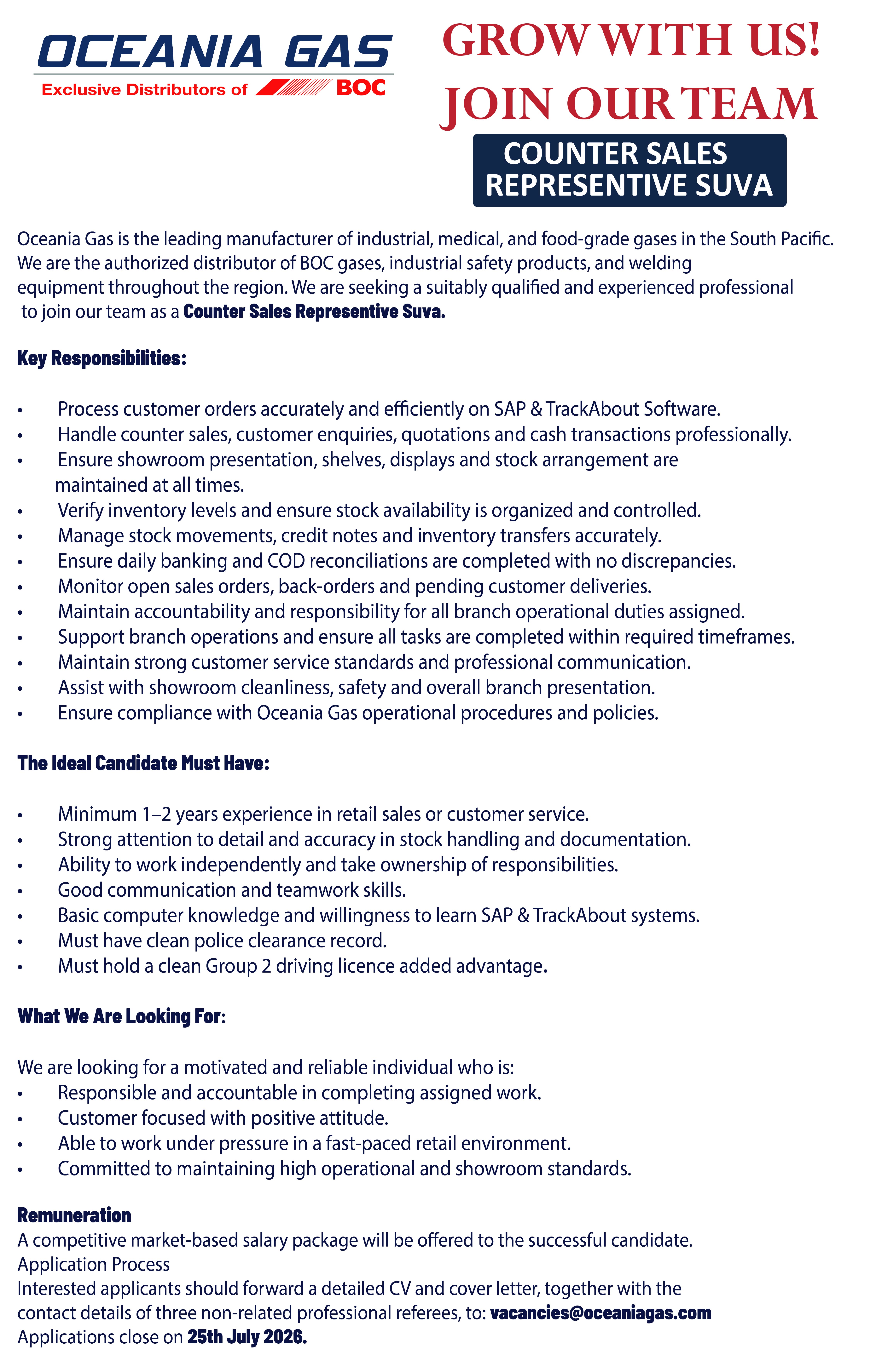 Counter Sales Representative at Oceania Gas Ltd Banner