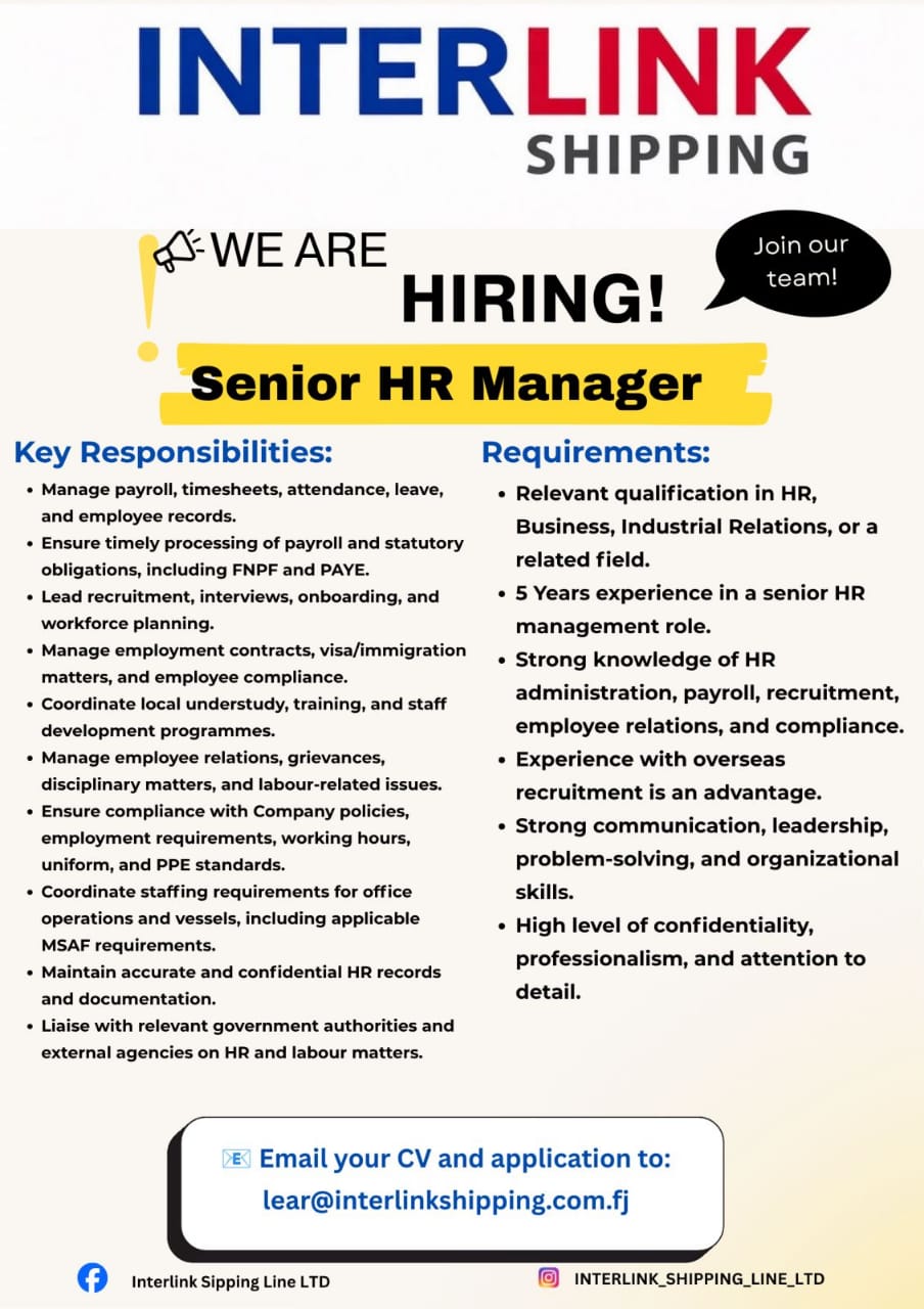 Senior HR Manager  at Pacific Islands Jobs Banner
