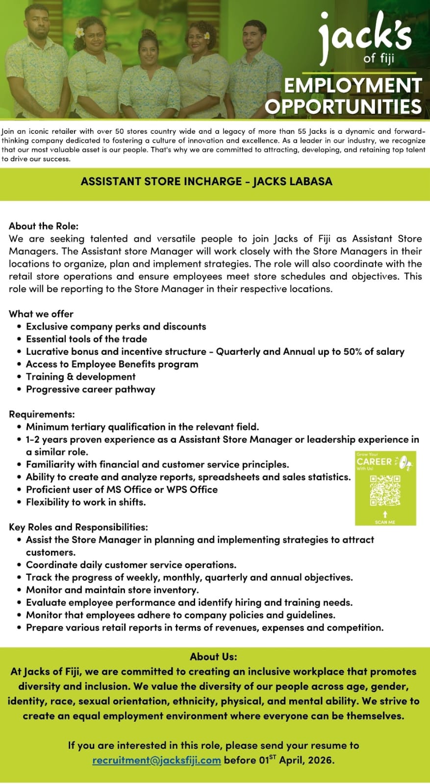 Assistant Store Manager-JACK'S GROUP  at Pacific Islands Jobs Banner