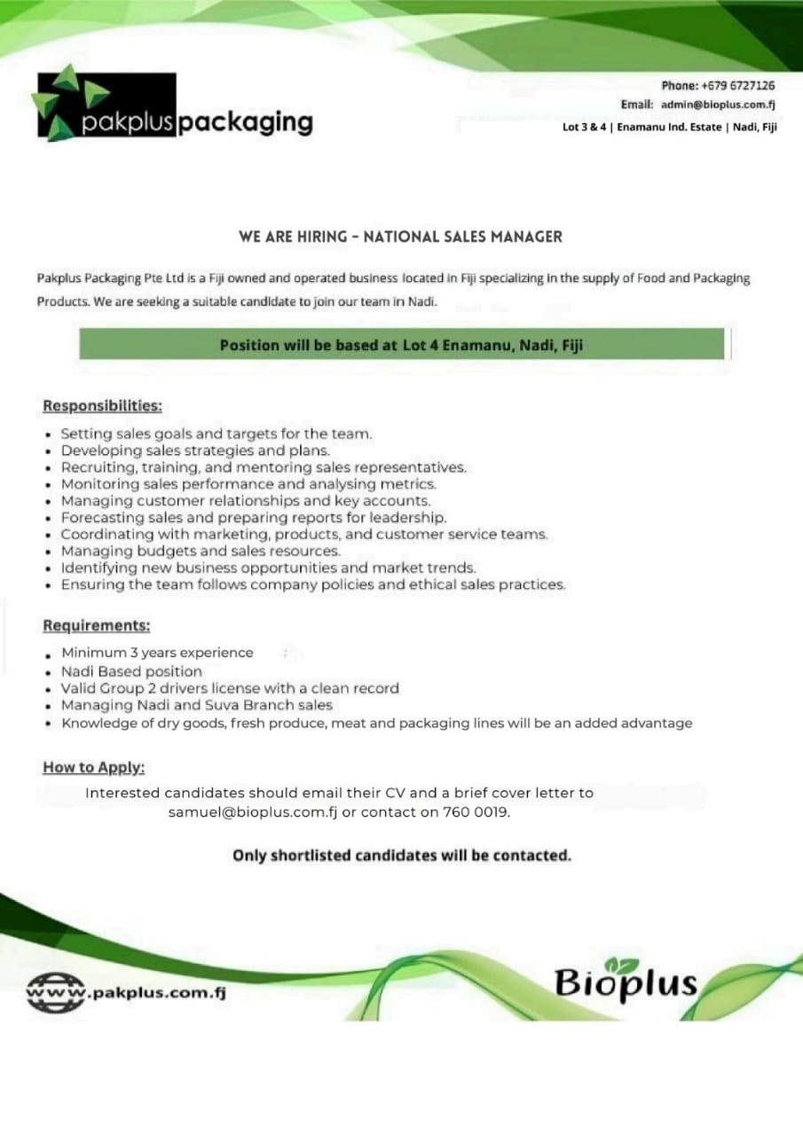 Sales Manager  at Pacific Islands Jobs Banner