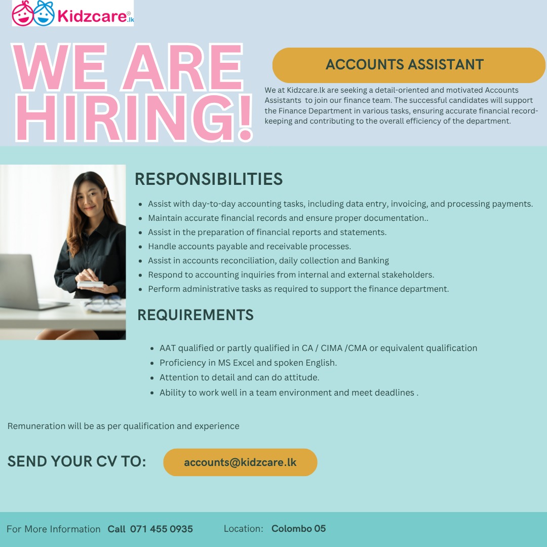 Accounts Assistant  at Kidzcare.lk  Banner