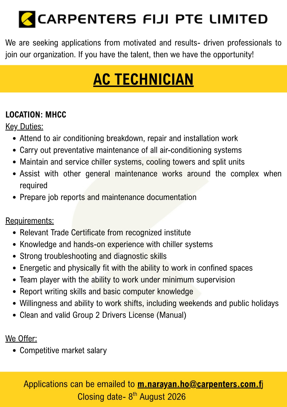 AC TECHNICIAN  at Pacific Islands Jobs Banner