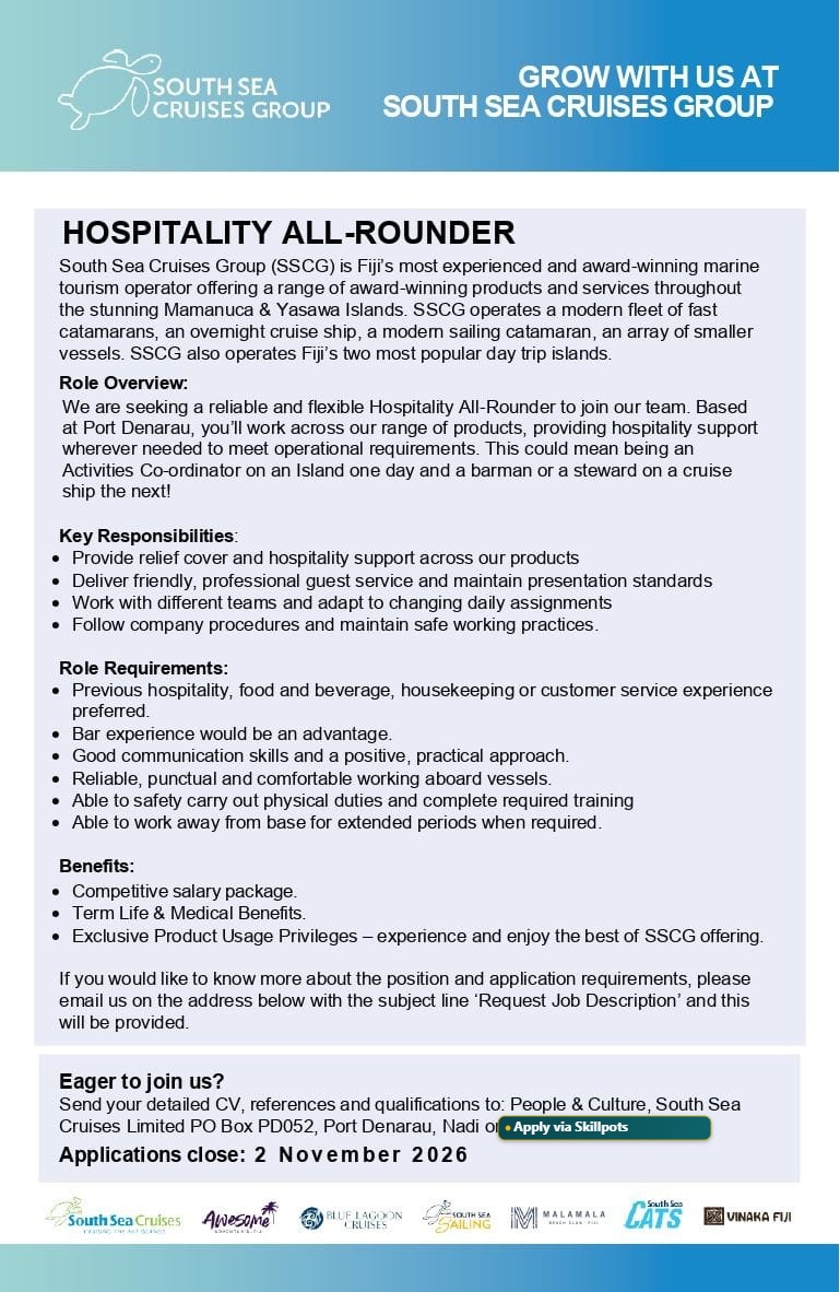 Hospitality All Rounder  at Pacific Islands Jobs Banner