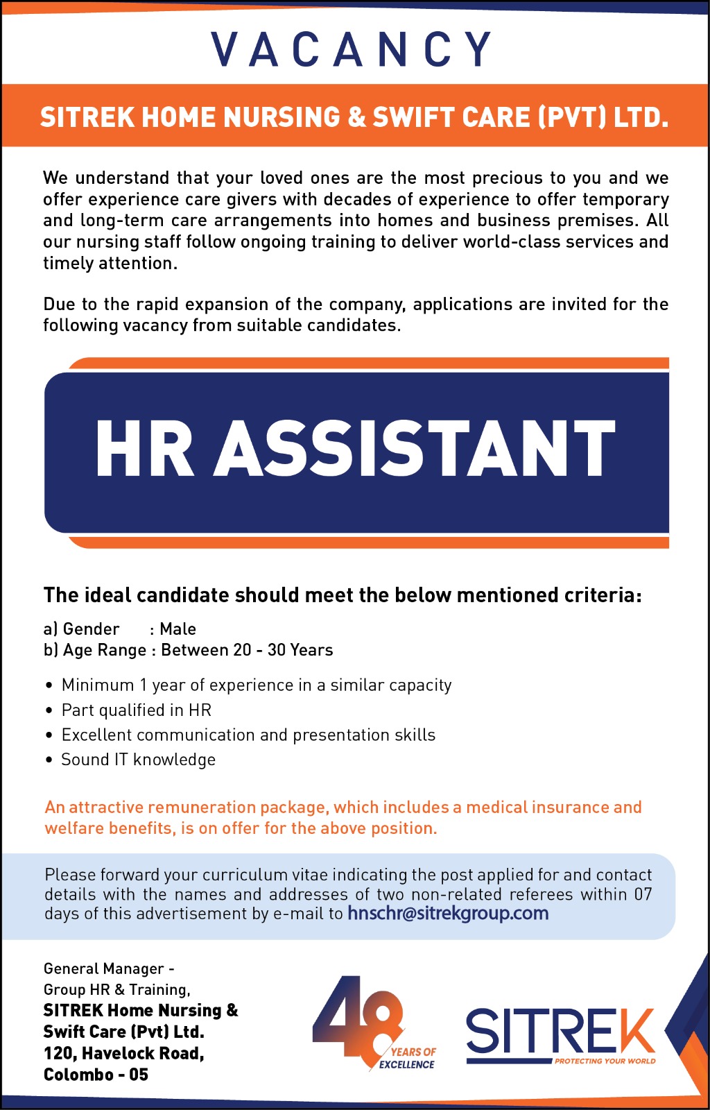 HR Assistant  at sitrek home nursing & swift care (pvt) ltd Banner