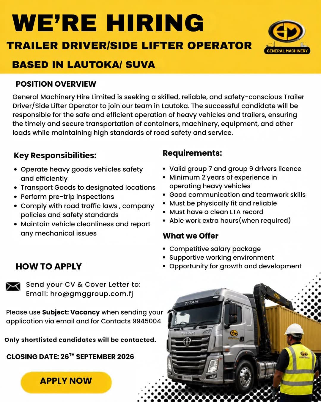 Trailer Driver / Side Lifter Operator  at Pacific Islands Jobs Banner