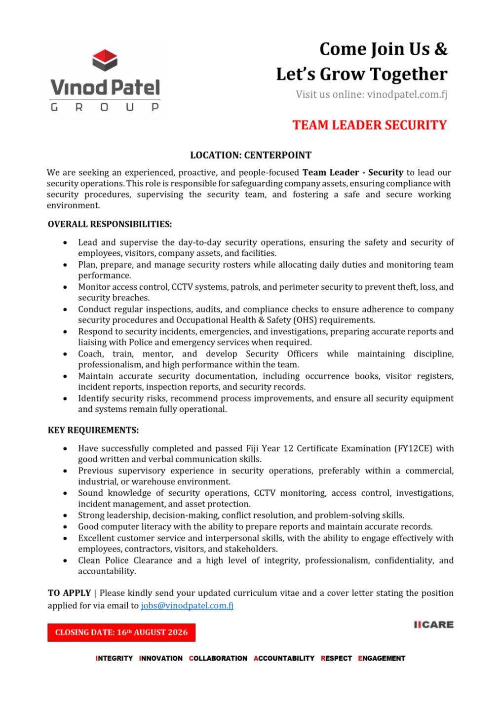 TEAM LEADER SECURITY at Pacific Islands Jobs Banner