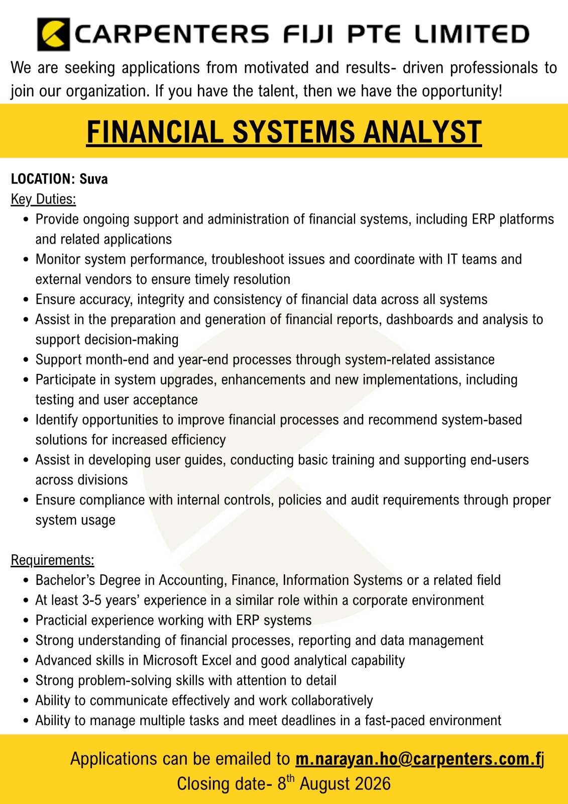 FINANCIAL SYSTEMS ANALYST at Pacific Islands Jobs Banner