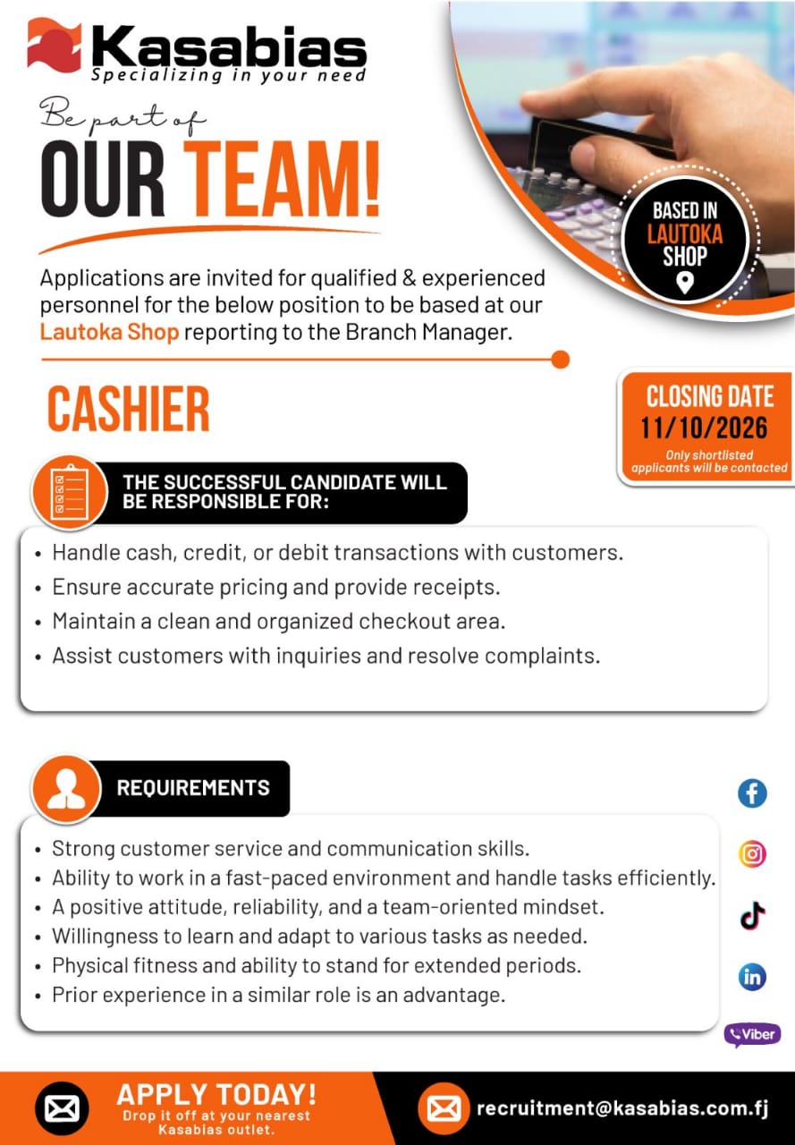 Cashier  at Pacific Islands Jobs Banner