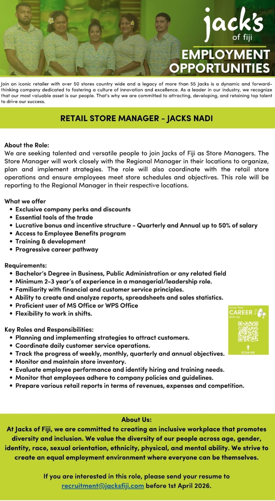 Retail Store Manager-JACK'S GROUP at Pacific Islands Jobs Banner