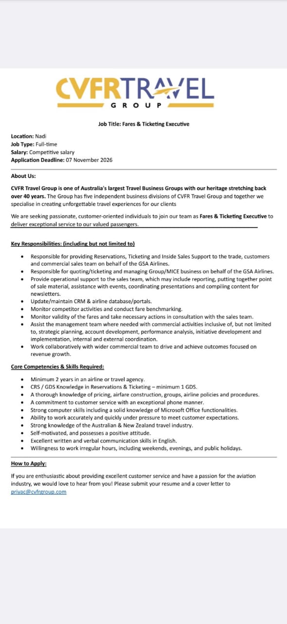 Fares and Ticketing Executive  at Pacific Islands Jobs Banner