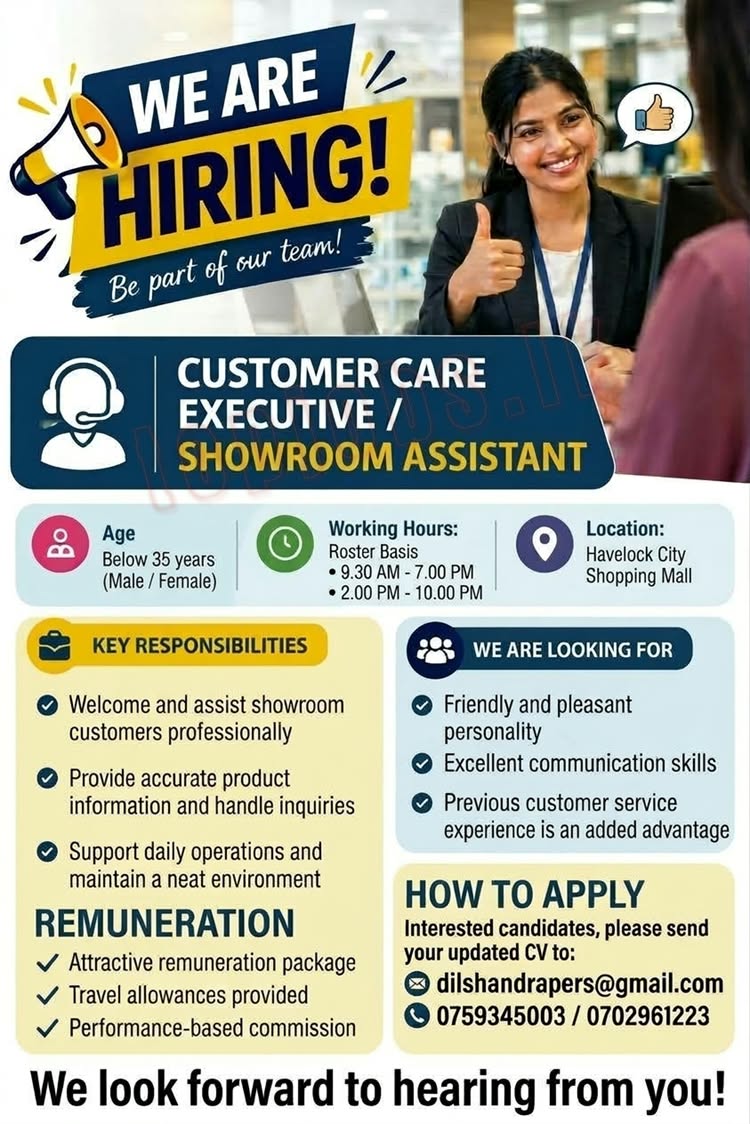 Customer Care Executive/ Showroom Assistant at Dilshan Drapers (Pvt) Ltd Banner