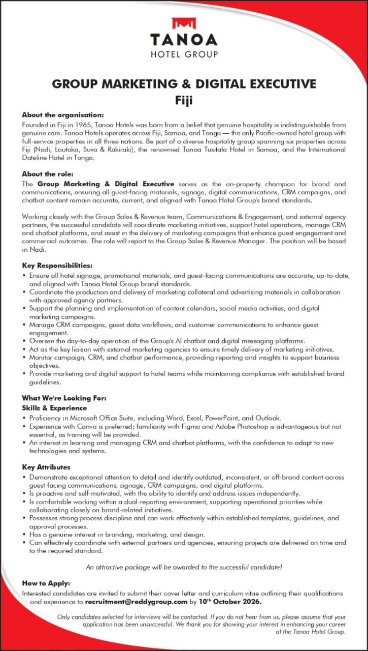 Group Marketing & Digital Marketing  at Pacific Islands Jobs Banner