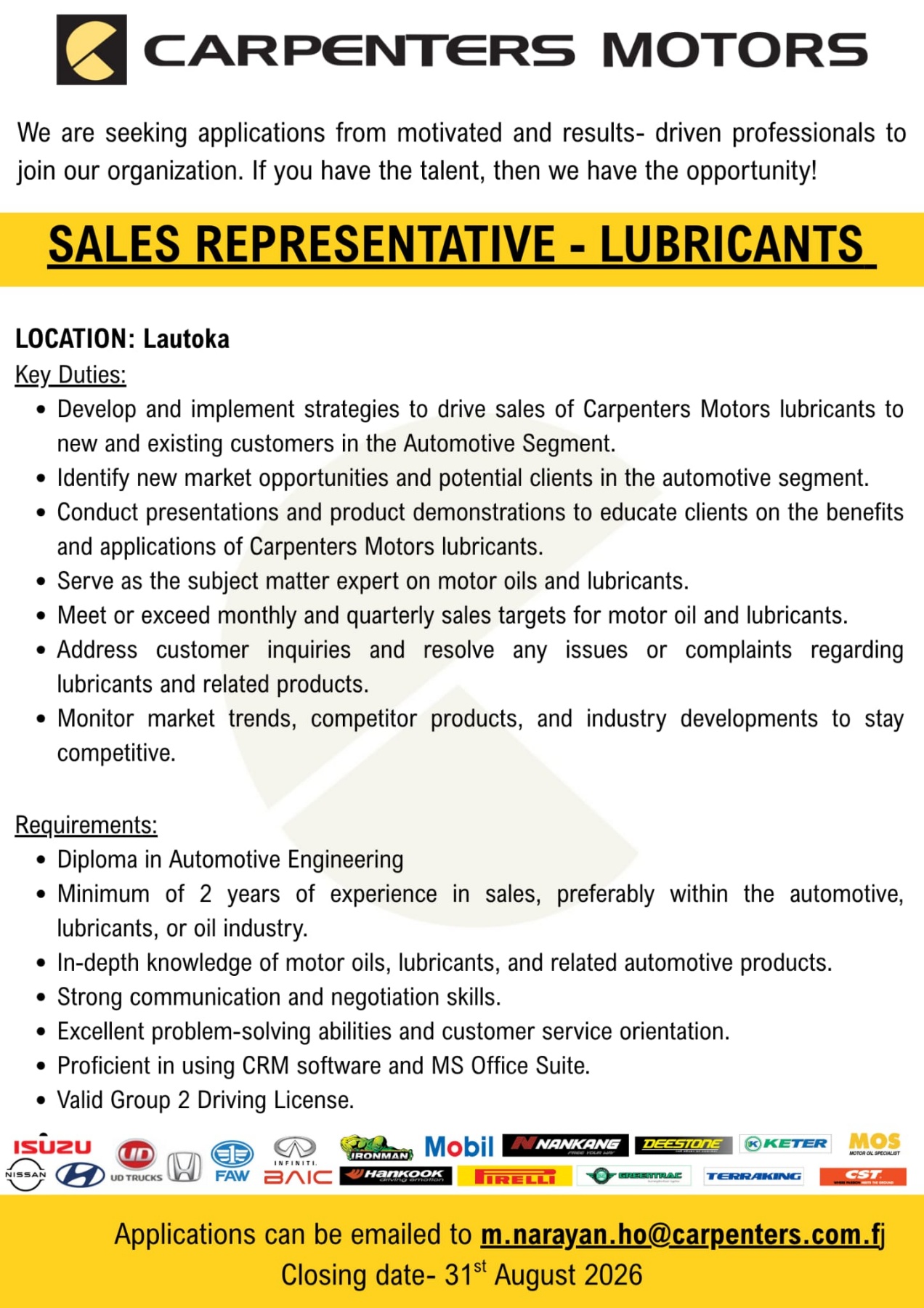 SALES REPRESENTATIVE-LUBRICANTS at Pacific Islands Jobs Banner