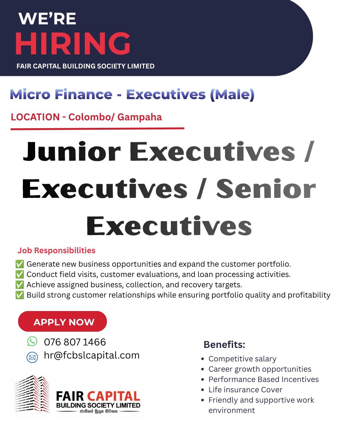 Micro Finance Executives(Gampaha/Sri Lanka) at Fair Capital Building Society Limited Banner