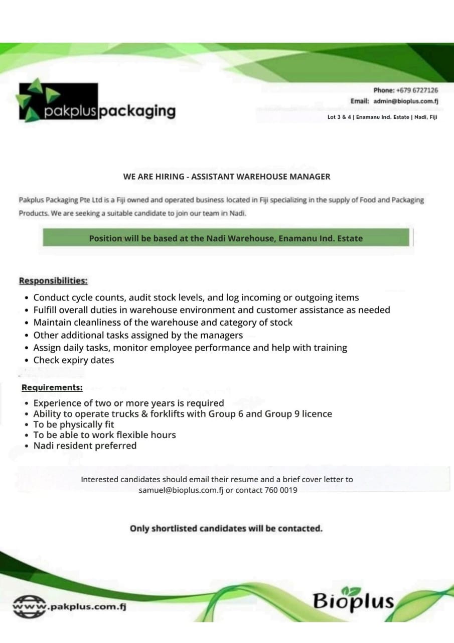 Assistant Warehouse Manager  at Pacific Islands Jobs Banner