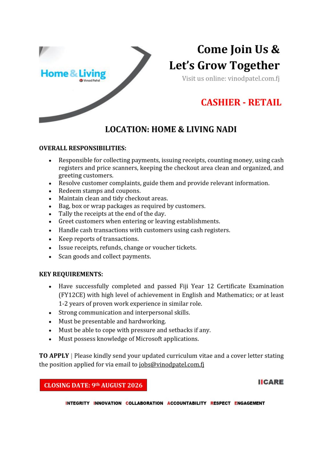 CASHIER-RETAIL at Pacific Islands Jobs Banner