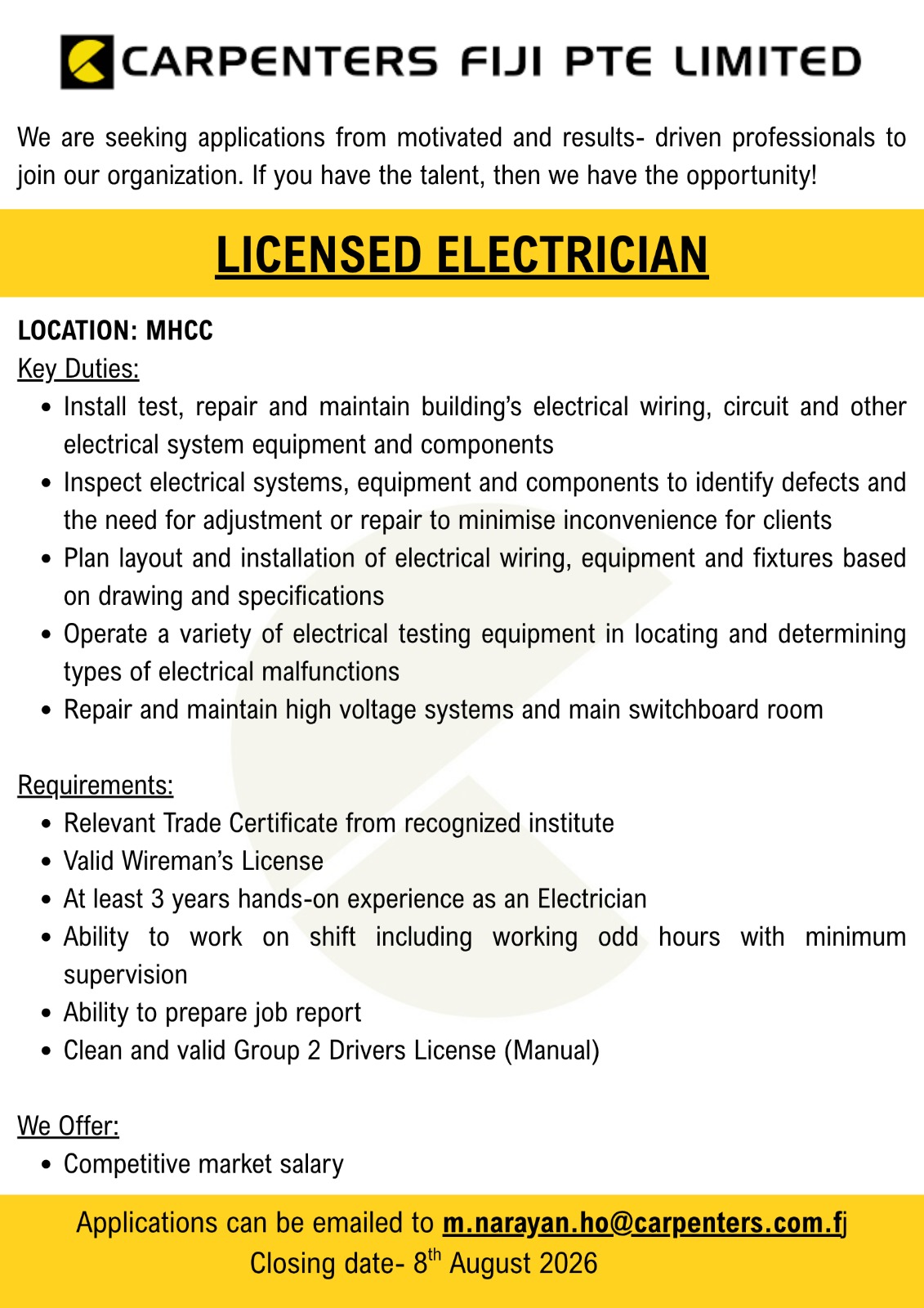 LICENSED ELECTRICIAN at Pacific Islands Jobs Banner