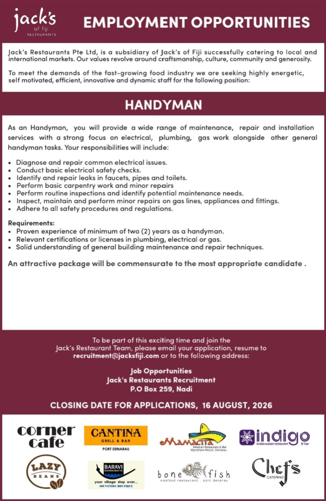 HANDYMAN at Pacific Islands Jobs Banner