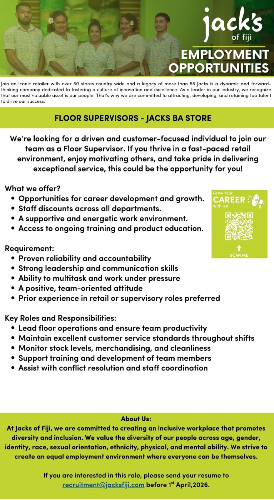FLOOR SUPERVISOR-JACK'S GROUP at Pacific Islands Jobs Banner