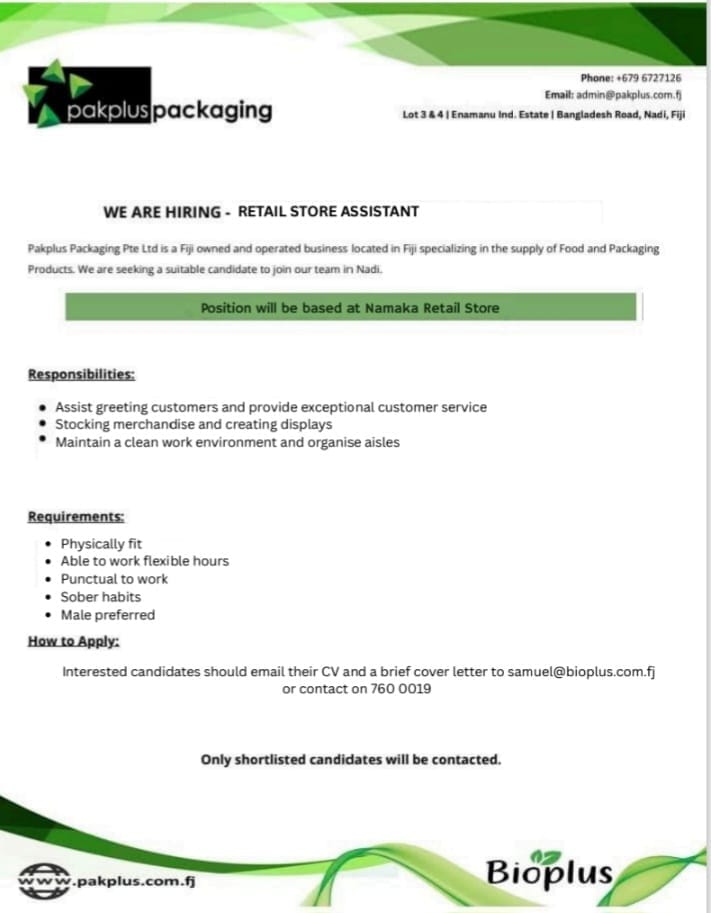 Retail Store Assistant  at Pacific Islands Jobs Banner