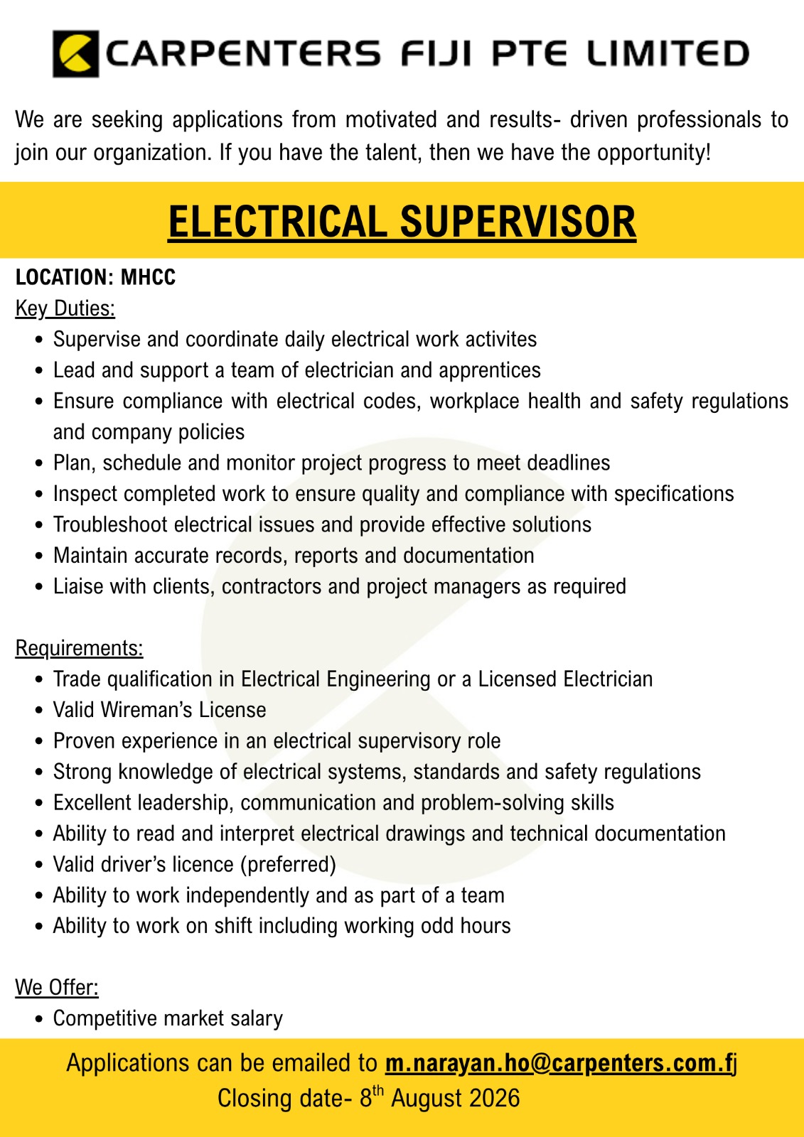 ELECTRICAL SUPERVISOR at Pacific Islands Jobs Banner