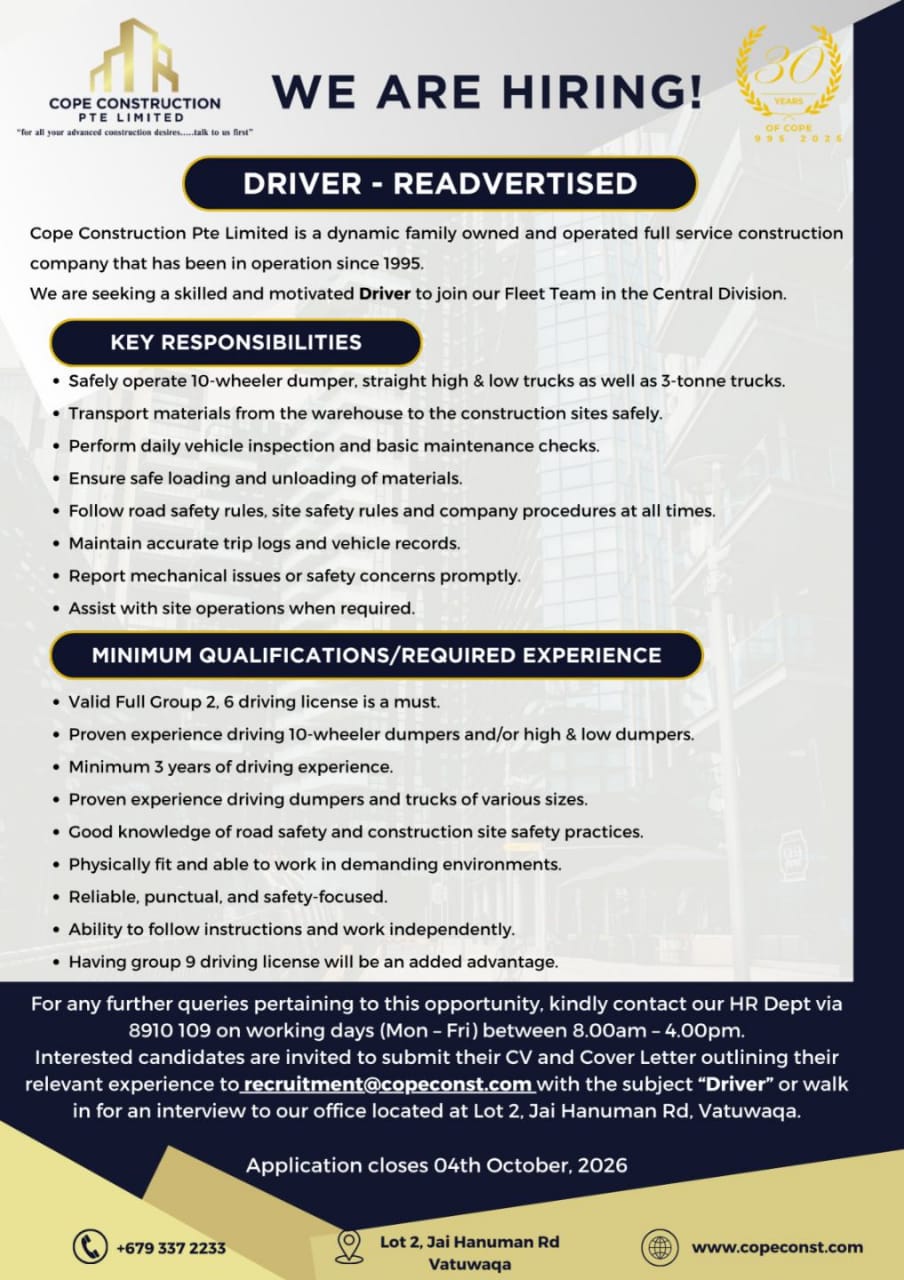 Driver - Readvertised at Pacific Islands Jobs Banner