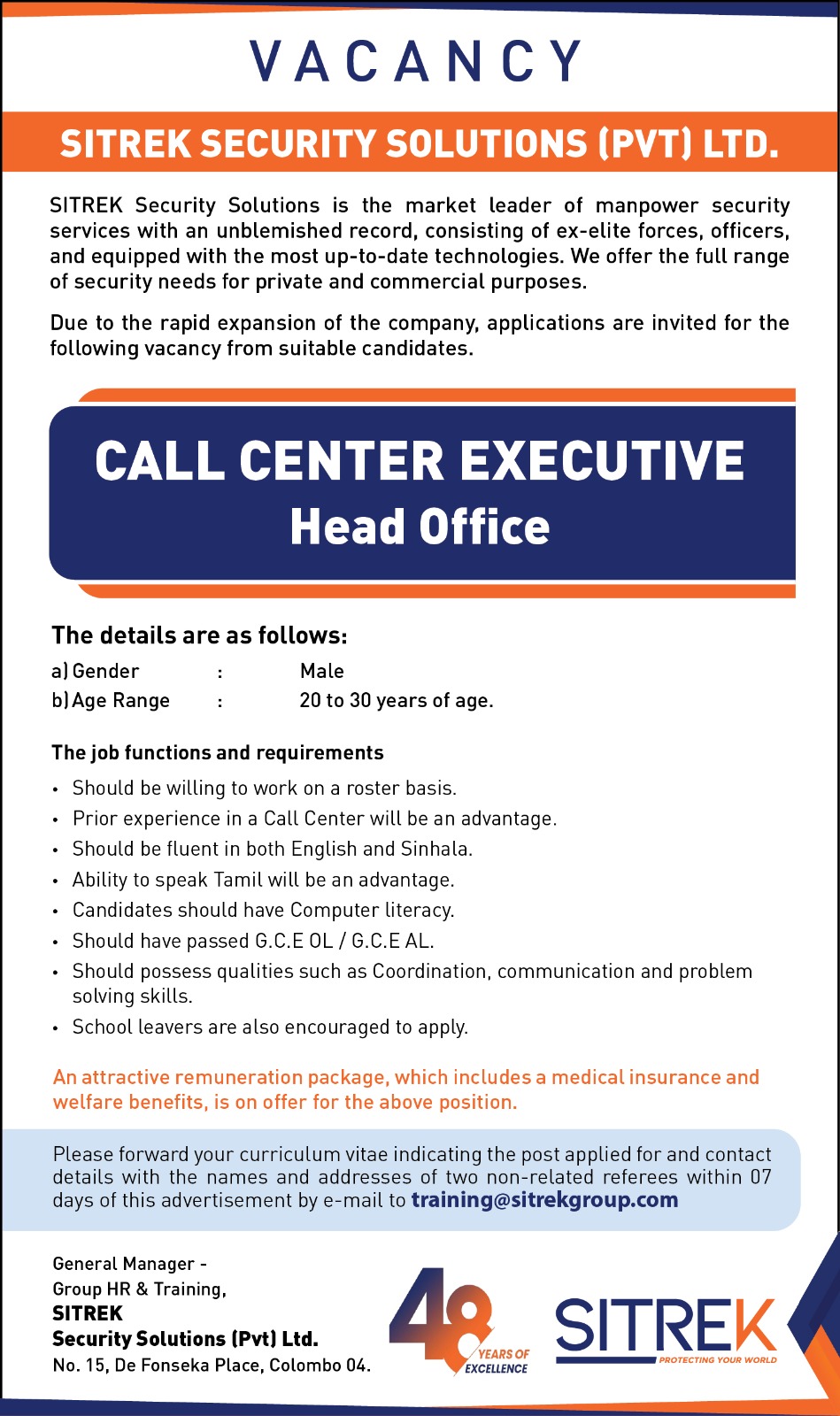 Call Center Executive at SITREK Security Solutions (Pvt) Ltd Banner