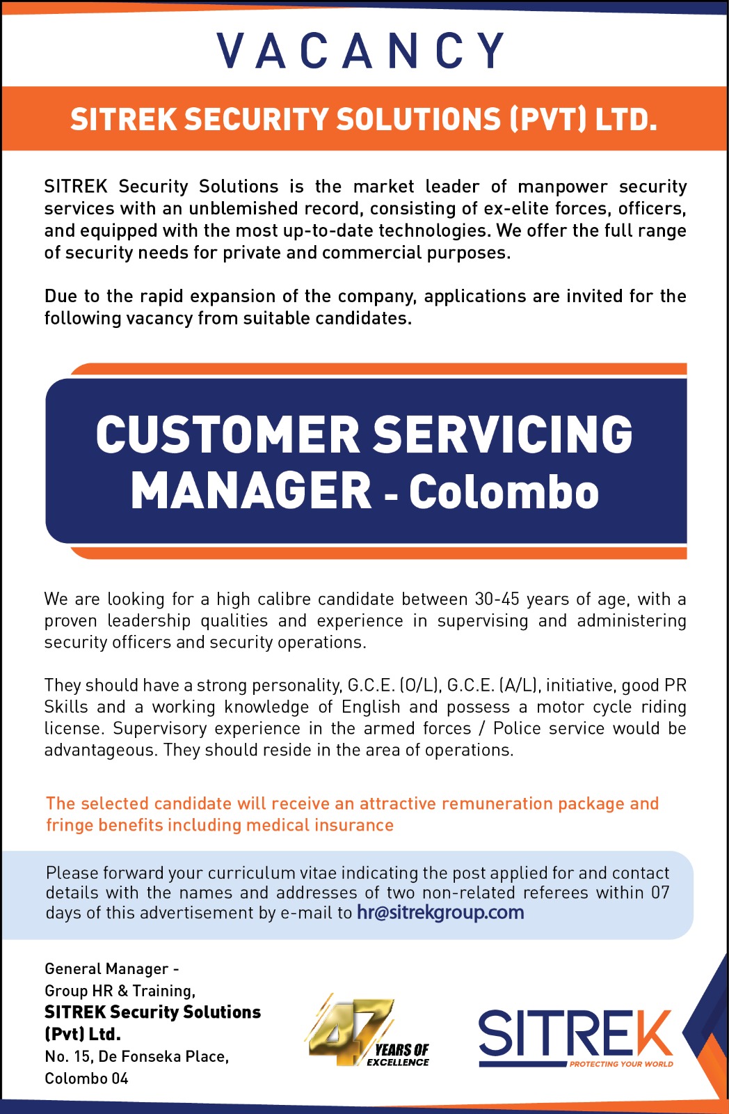 Customer Servicing Manager at SITREK Security Solutions (Pvt) Ltd Banner