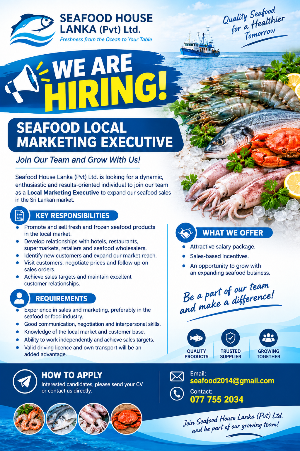 SEAFOOD LOCAL MARKETING EXECUTIVE at SEAFOOD HOUSE LANKA (PVT) LTD. Banner