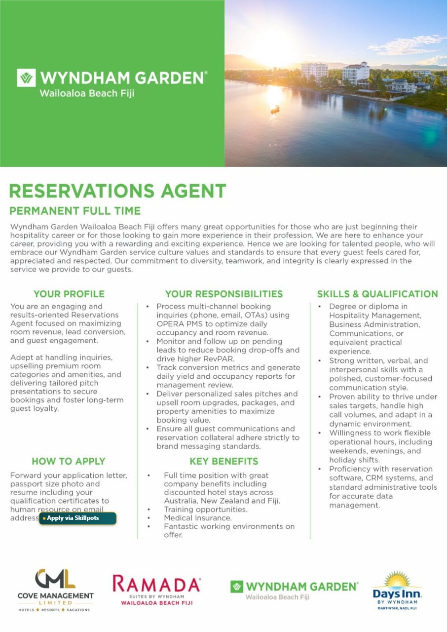 Reservations Agent - full time  at Pacific Islands Jobs Banner