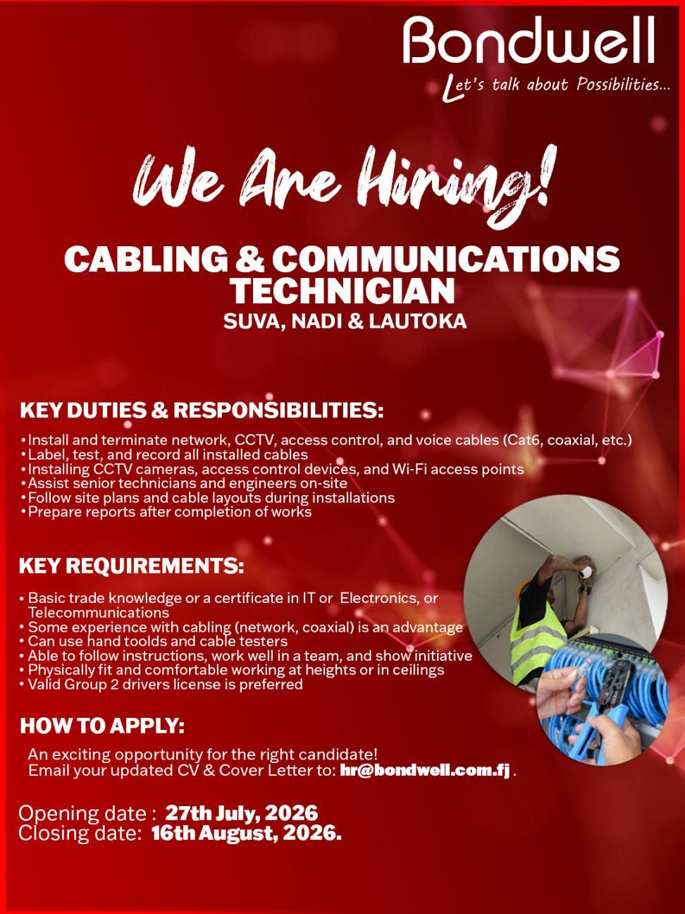 CABLING & COMMUNICATIONS TECHNICIAN at Pacific Islands Jobs Banner