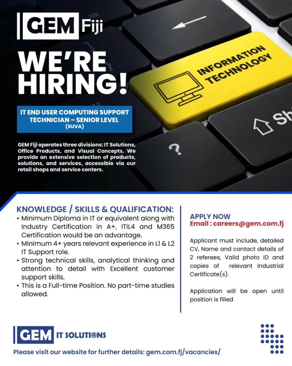 IT End User Support Technician - Senior Level at Pacific Islands Jobs Banner