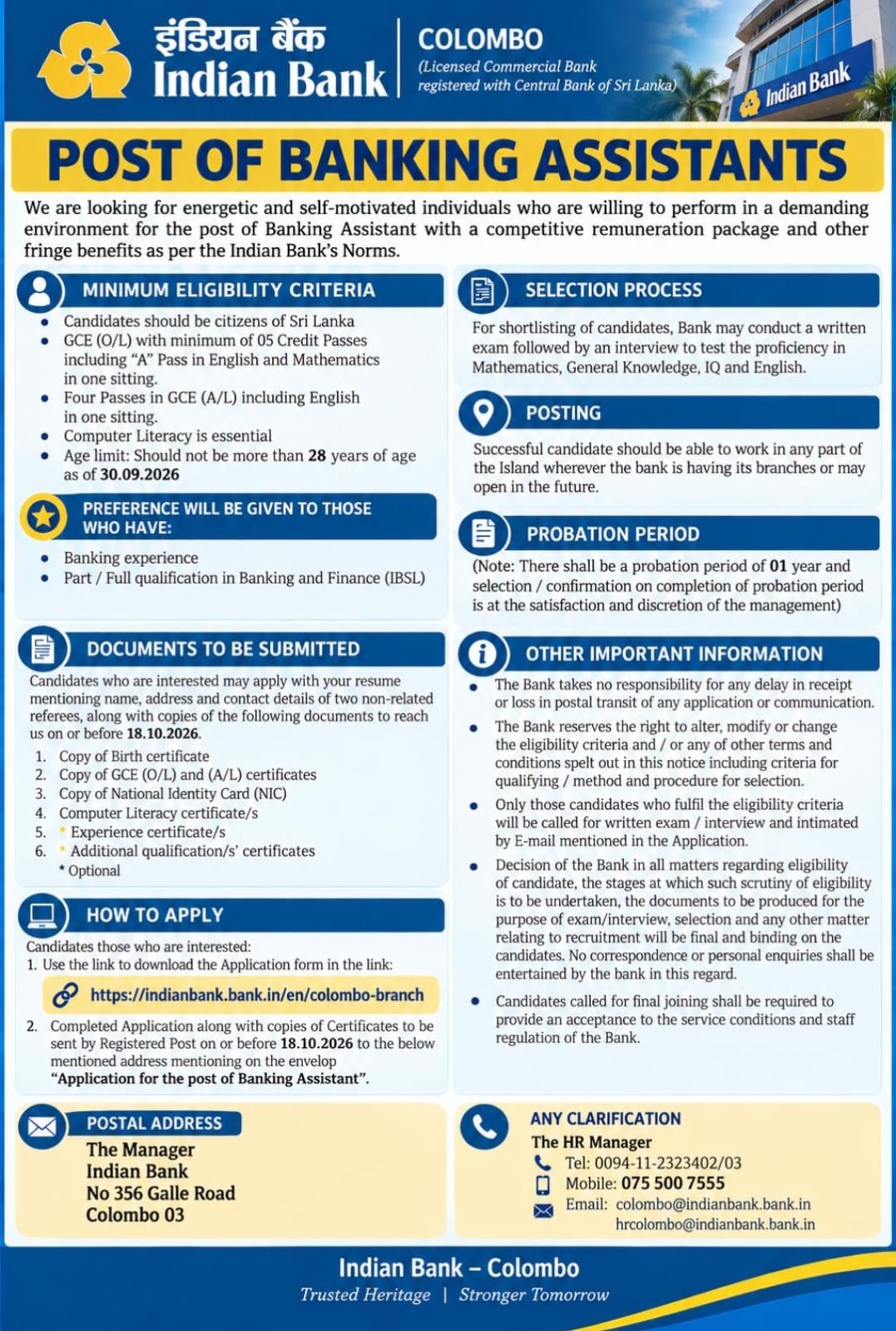 Banking Assistant  at Indian Bank  Banner