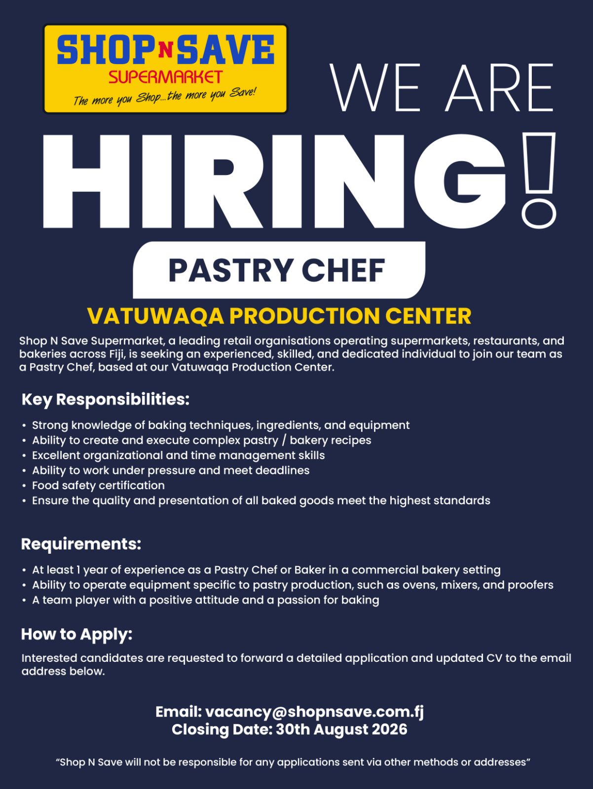 PASTRY CHEF at Pacific Islands Jobs Banner