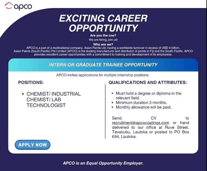 Chemist/Industrial Chemist/ Lab Technologist at Pacific Islands Jobs Banner