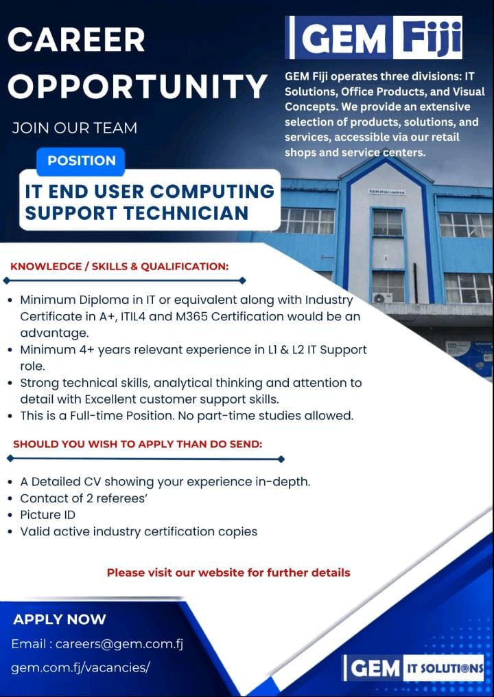 IT End User Computer Support Technician at Pacific Islands Jobs Banner