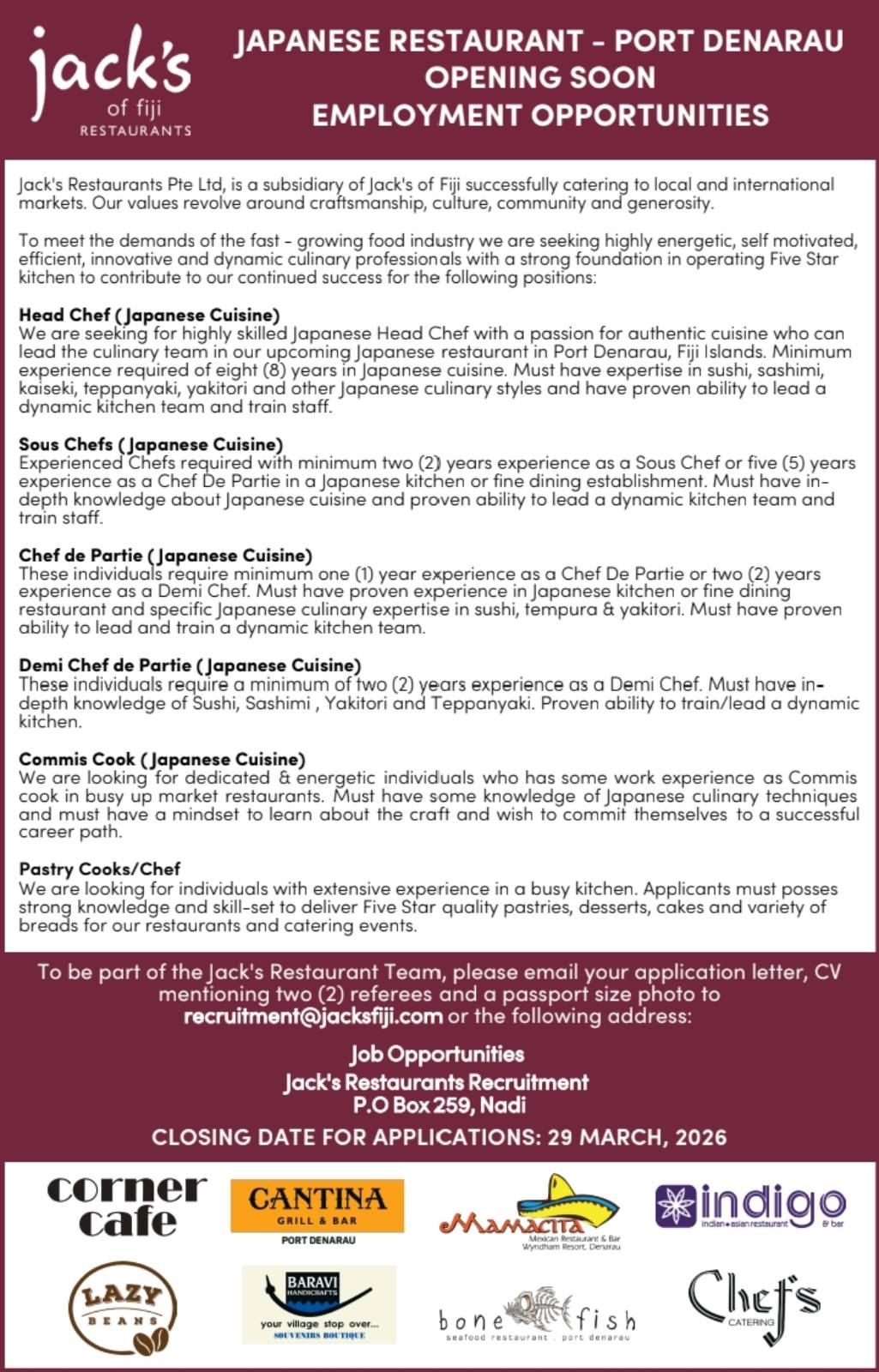 Jack's Restaurant- Multiple Opportunities at Pacific Islands Jobs Banner
