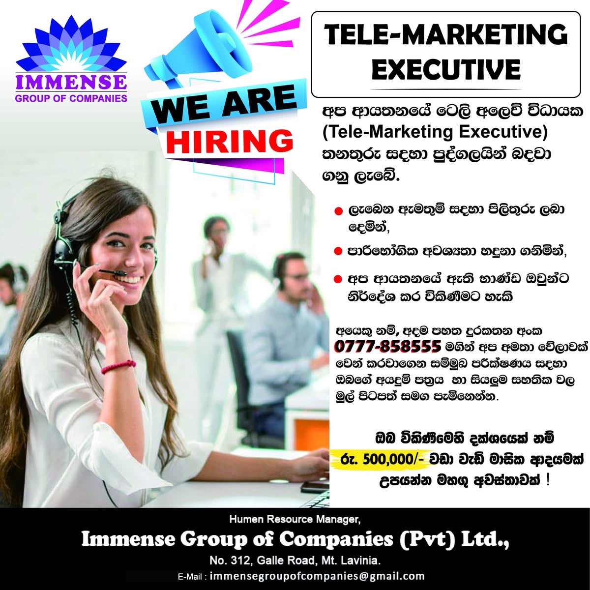 Tele- Marketing Executive at Immense Group of Companies Banner