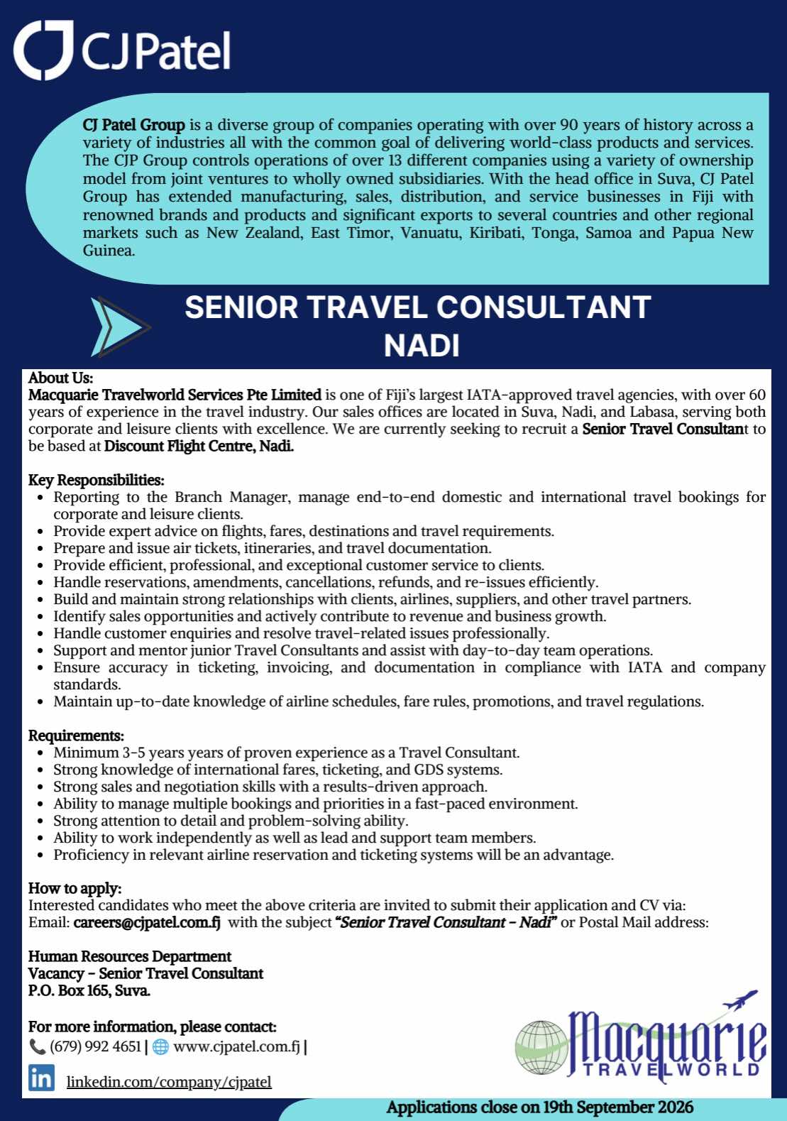 Senior Travel Consultant  at Pacific Islands Jobs Banner