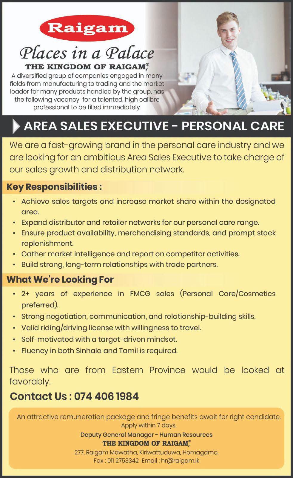 Area Sales Executive - Personal Care  at SKILLPOTS SRI LANKA Banner