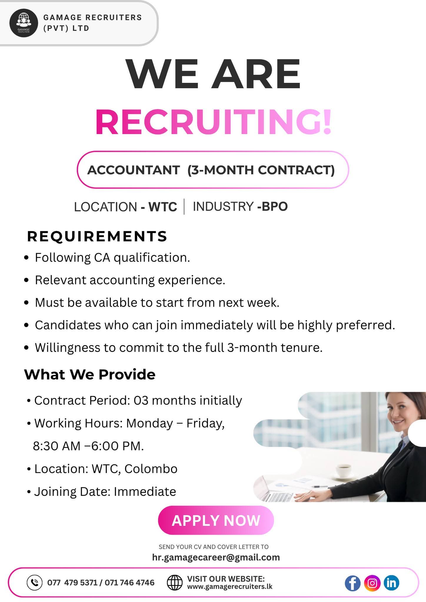 Accountant-BPO at Gamage Recruiters (Pvt) Ltd Banner