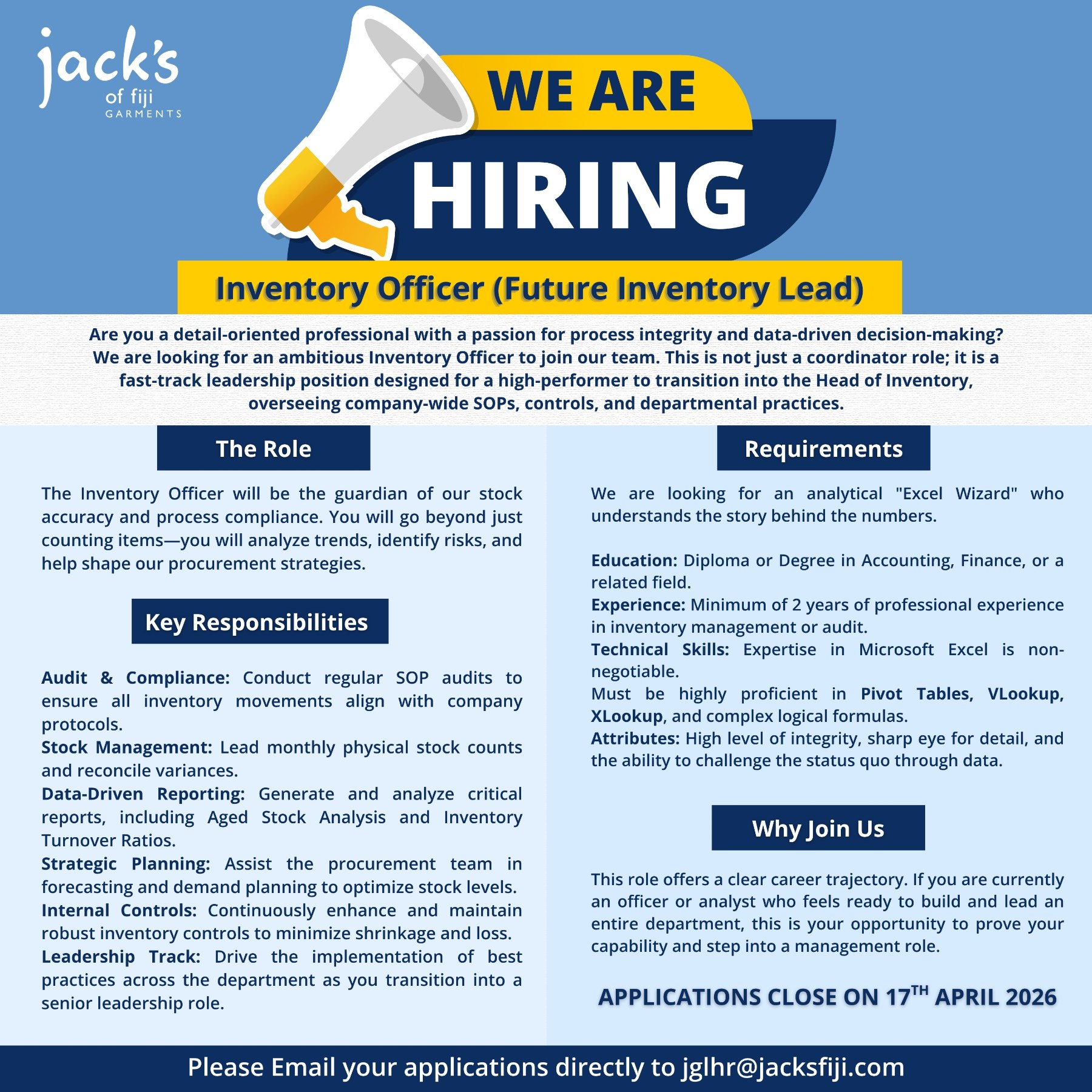 Inventory Officer-Jack's Garment at Pacific Islands Jobs Banner