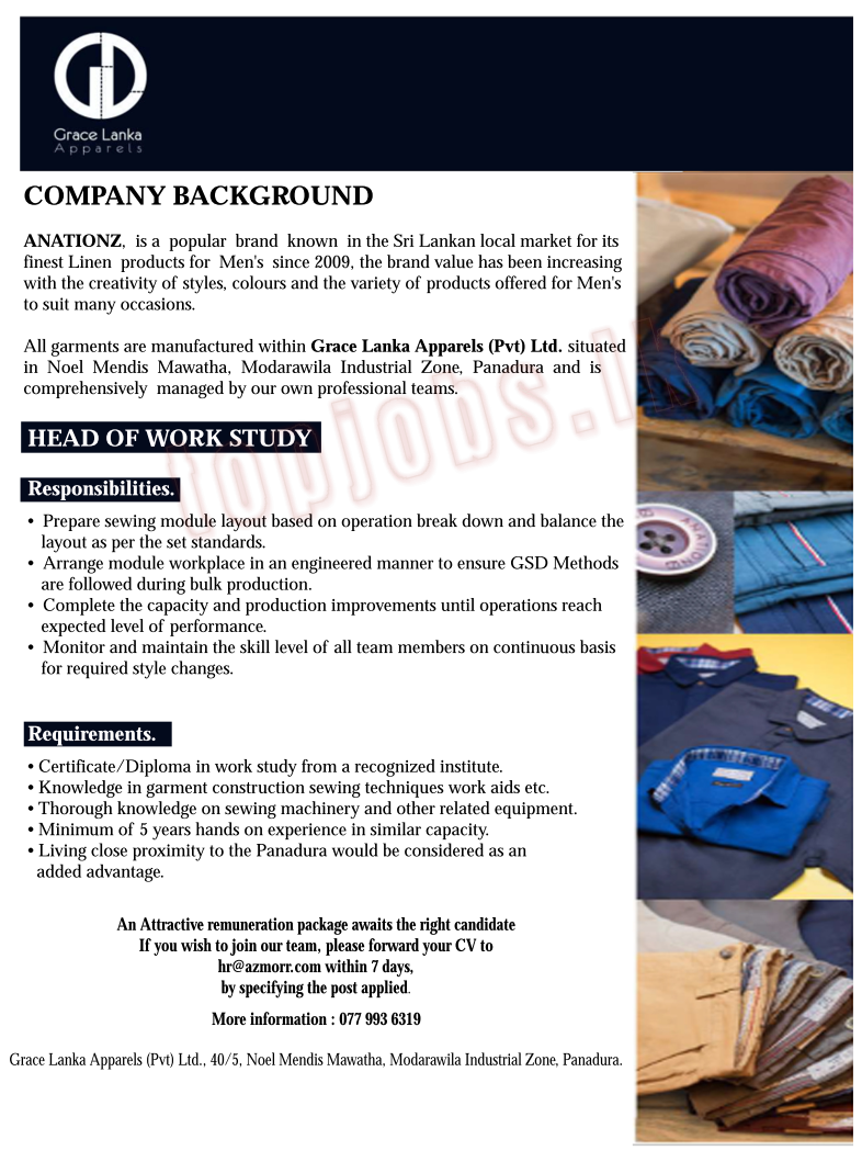 Head of Work Study  at Grace Lanka Apparels  Banner