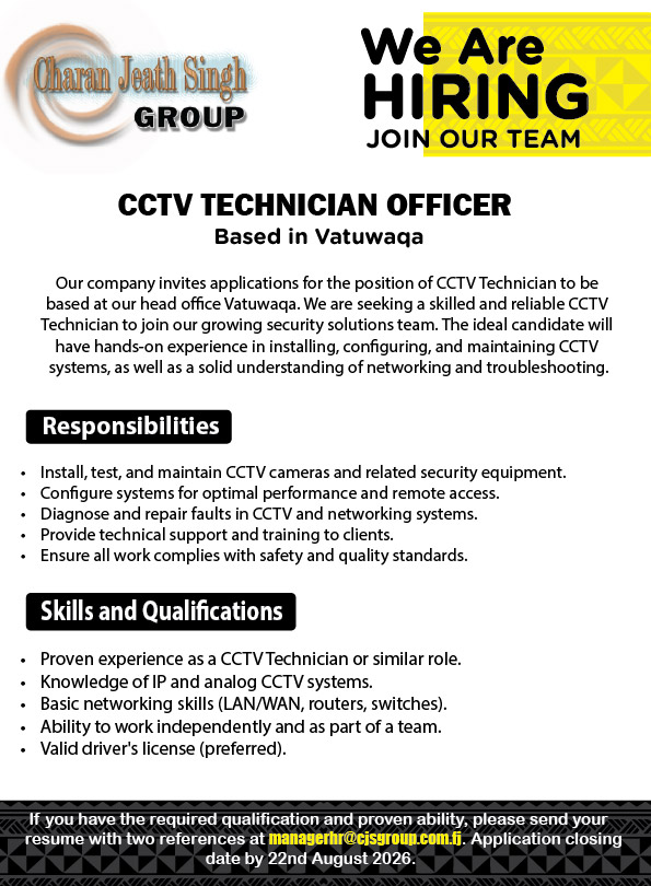 CCTV TECHNICIAN OFFICER at Pacific Islands Jobs Banner