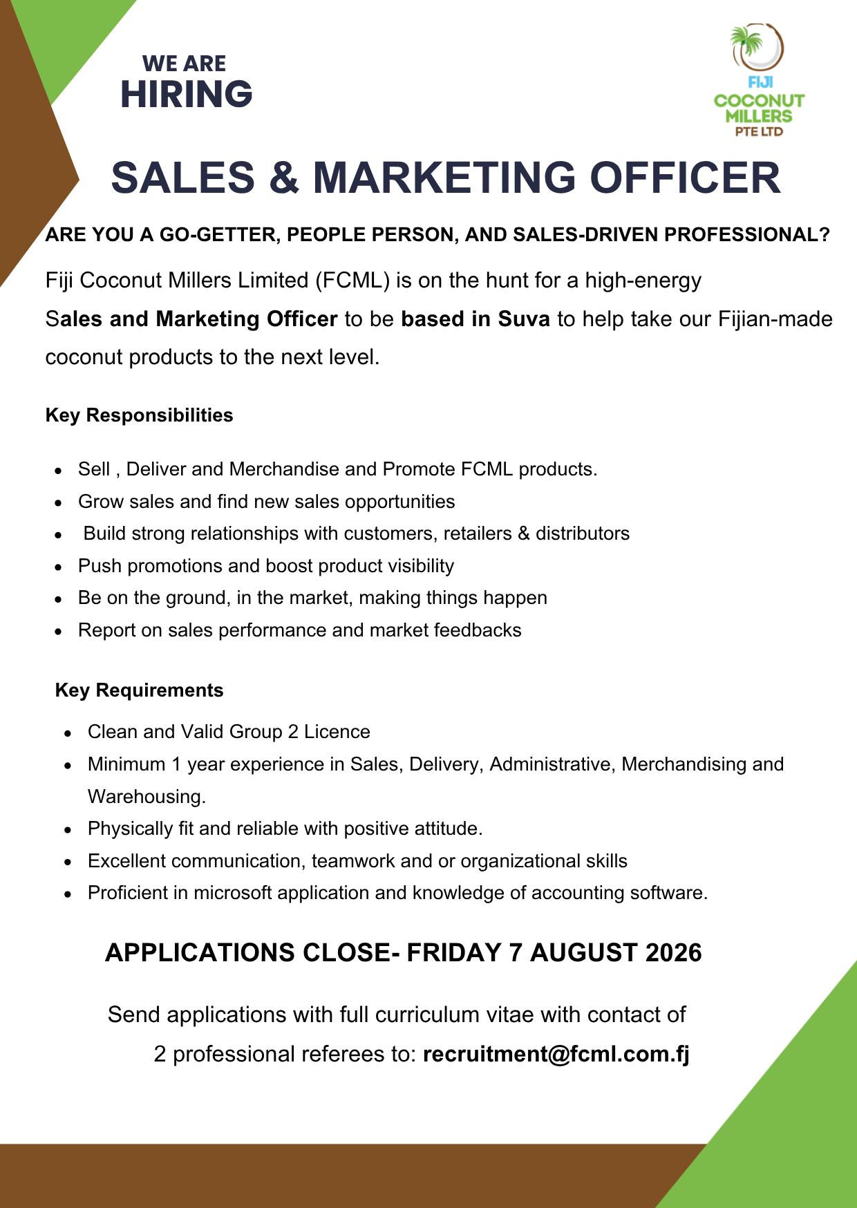 SALES & MARKETING OFFICER at Pacific Islands Jobs Banner