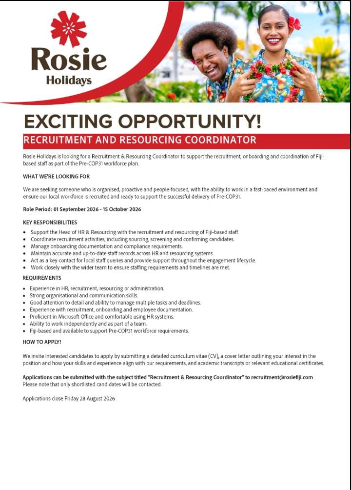 Recruitment & Resourcing Coordinator  at Pacific Islands Jobs Banner