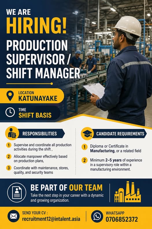 PRODUCTION SUPERVISOR at SKILLPOTS SRI LANKA Banner