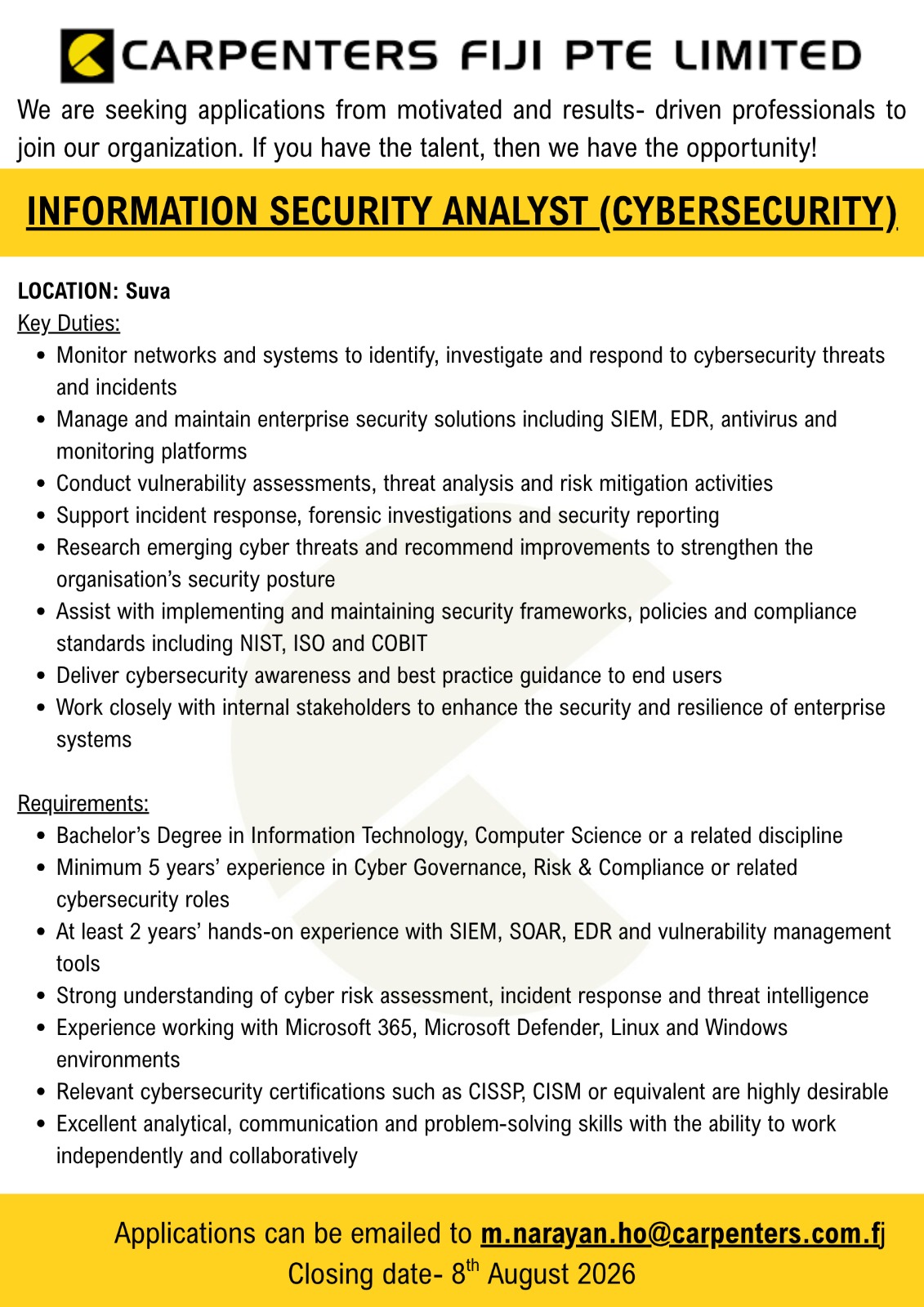 INFORMATION SECURITY ANALYST (CYBERSECURITY) at Pacific Islands Jobs Banner