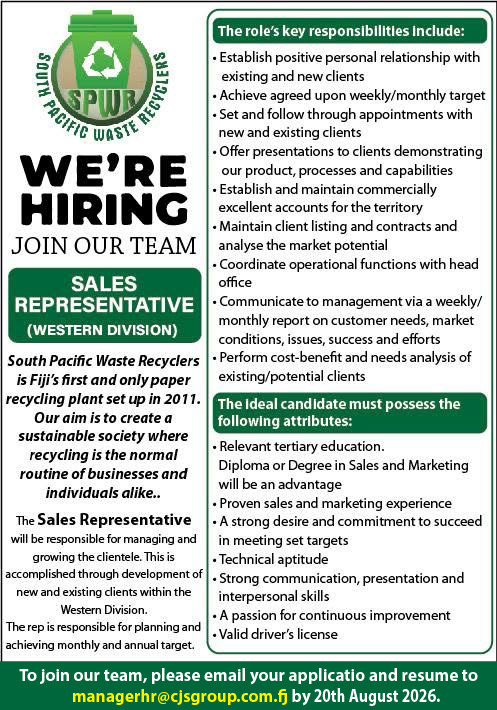 SALES REPRESENTATIVE at Pacific Islands Jobs Banner